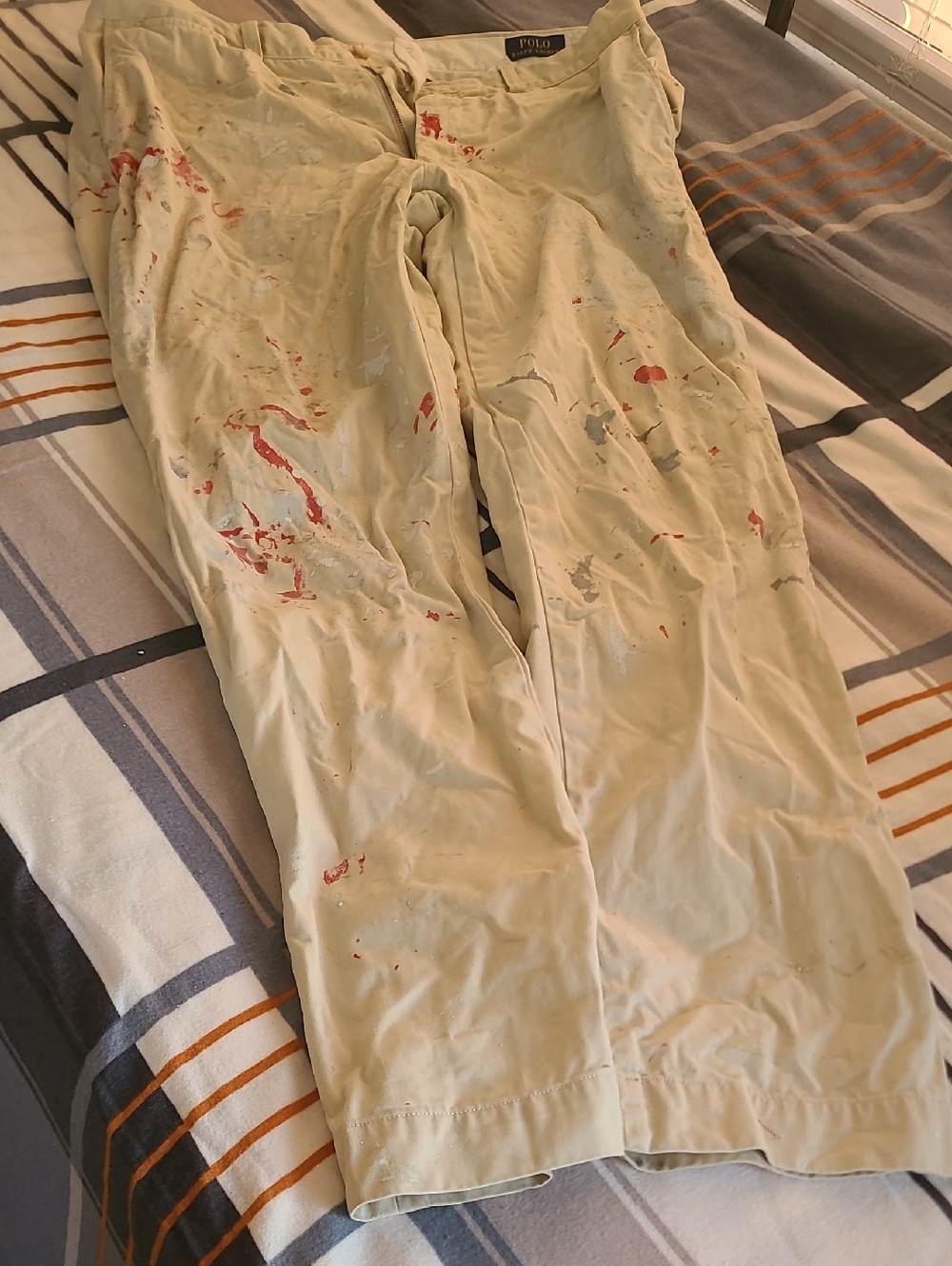 Polo by Ralph Lauren Beige Khaki Pants with Red & Gray Paint Accents